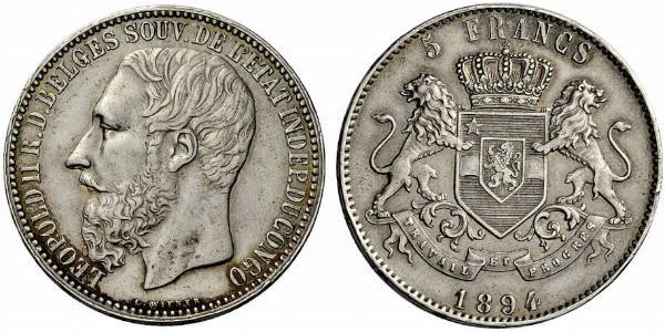 5 Франк Вільна держава Конго (1885 - 1908) Срібло Леопольд II (1835 - 1909)