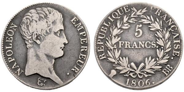 5 Франк Перша Французька імперія (1804-1814) Срібло Наполеон I Бонапарт(1769 - 1821)