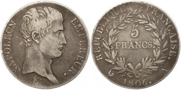 5 Франк Перша Французька імперія (1804-1814) Срібло Наполеон I Бонапарт(1769 - 1821)