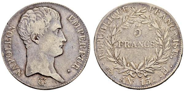 5 Франк Перша Французька імперія (1804-1814) Срібло Наполеон I Бонапарт(1769 - 1821)