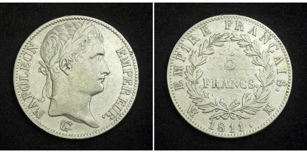 5 Франк Перша Французька імперія (1804-1814) Срібло Наполеон I Бонапарт(1769 - 1821)