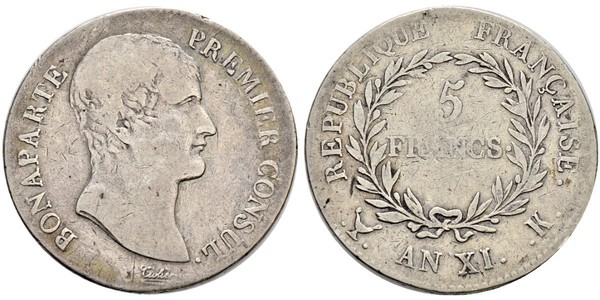 5 Франк Перша Французька імперія (1804-1814) Срібло Наполеон I Бонапарт(1769 - 1821)