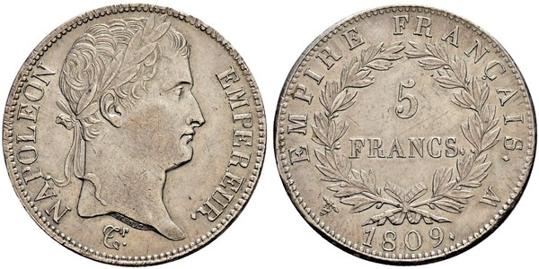 5 Франк Перша Французька імперія (1804-1814) Срібло Наполеон I Бонапарт(1769 - 1821)