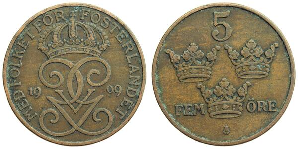 5 Эре Швеция Бронза/Сталь Густав V (1858 - 1950)