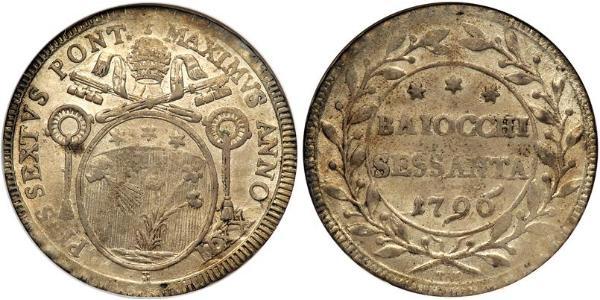 60 Байокко Папська держава (752-1870) Срібло Пій VI ( 1717-1799)