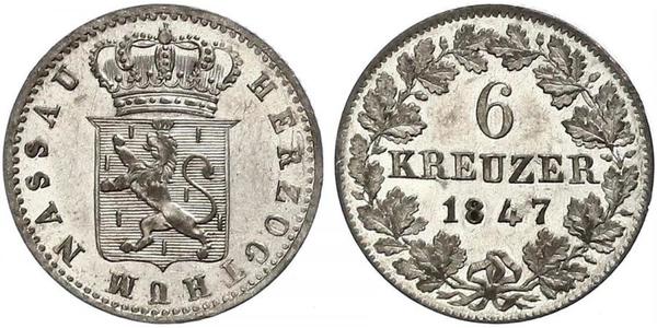 6 Kreuzer Stati federali della Germania / Nassau (stato) (1806 - 1866) Argento Adolfo di Lussemburgo