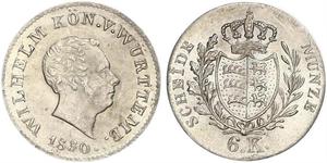 6 Kreuzer Reino de Wurtemberg (1806-1918) Plata Guillermo I de Wurtemberg