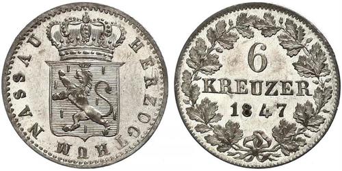 6 Kreuzer Herzogtum Nassau (1806 - 1866) / States of Germany Silber Adolph (Luxemburg)