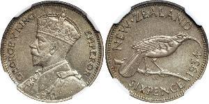 6 Penny Nuova Zelanda Argento Giorgio V (1865-1936)