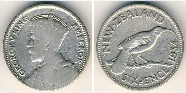 6 Penny Nuova Zelanda Argento Giorgio V (1865-1936)