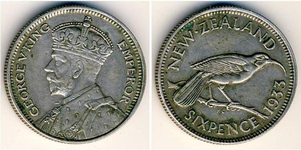 6 Penny Nuova Zelanda Argento Giorgio V (1865-1936)