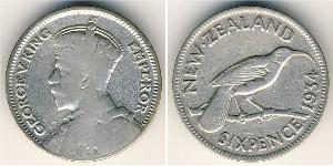 6 Penny Nueva Zelanda Plata Jorge V (1865-1936)