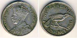 6 Penny Nueva Zelanda Plata Jorge V (1865-1936)