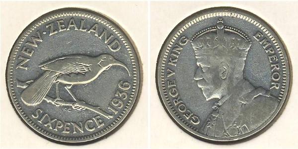 6 Penny Nueva Zelanda Plata Jorge V (1865-1936)