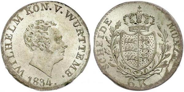 6 Крейцер Королівство Вюртемберг Срібло William I of Württemberg