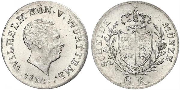 6 Крейцер Королівство Вюртемберг Срібло William I of Württemberg