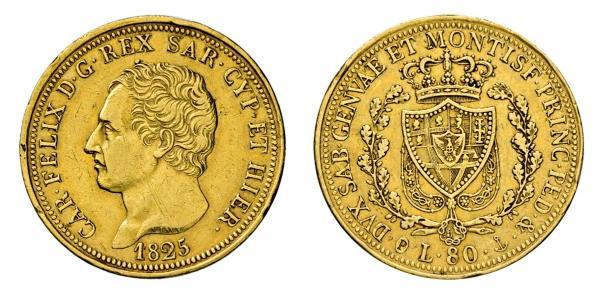 80 Lira Italian city-states Gold Charles Felix of Sardinia