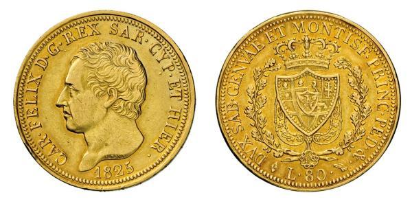 80 Lira Italian city-states Gold Charles Felix of Sardinia