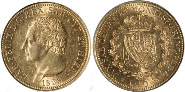 80 Lira Italian city-states Oro Carlo Felice di Savoia