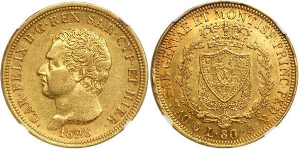 80 Lira Italian city-states Oro Carlos Félix de Cerdeña