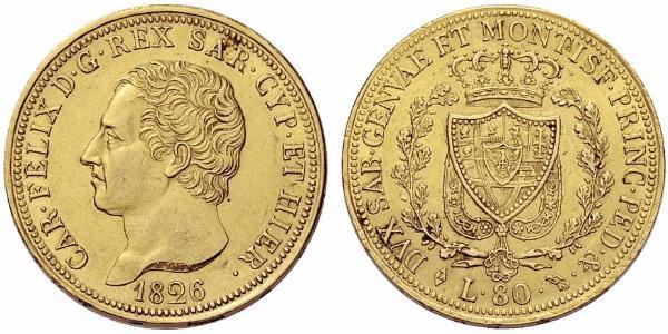 80 Lira Italian city-states Oro Carlo Felice di Savoia