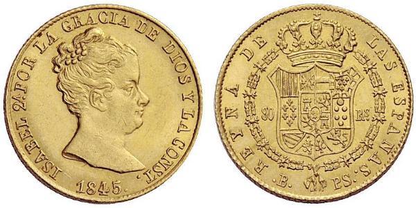 80 Real Spain Gold Isabella II of Spain (1830- 1904)