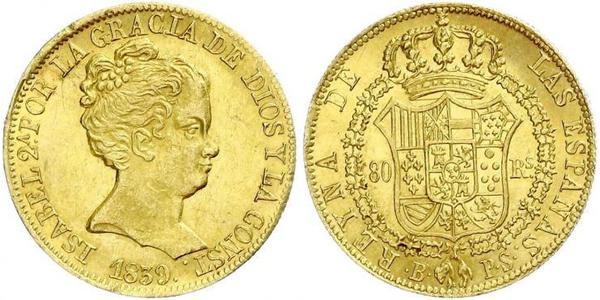 80 Real Spanien Gold Isabella II of Spain (1830- 1904)