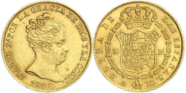 80 Real 西班牙 金 Isabella II of Spain (1830- 1904)
