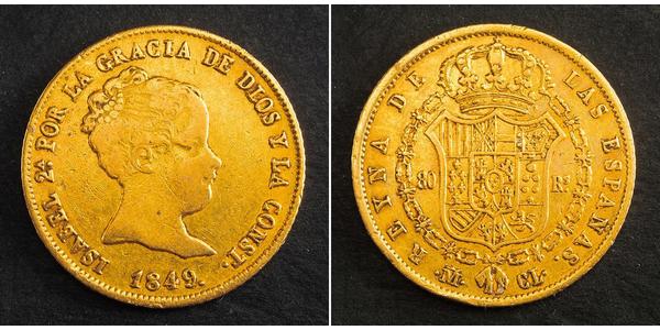 80 Реал Испания Золото Isabella II of Spain (1830- 1904)