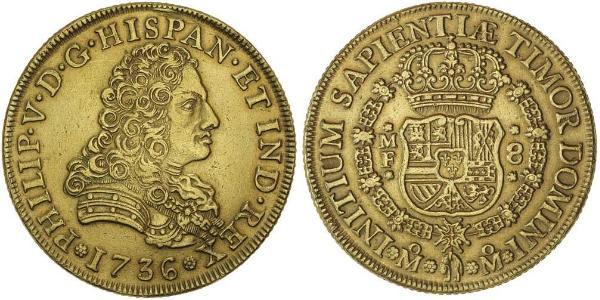 8 Escudo Virreinato de Nueva España (1519 - 1821) Oro Felipe V de España (1683-1746)