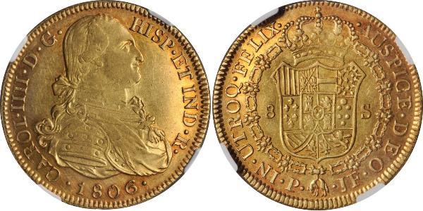 8 Escudo Virreinato de Nueva Granada (1717 - 1819) Oro Carlos IV de España (1748-1819)