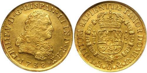 8 Escudo 新西班牙總督轄區 (1535 - 1821) 金 Philip V of Spain(1683-1746)