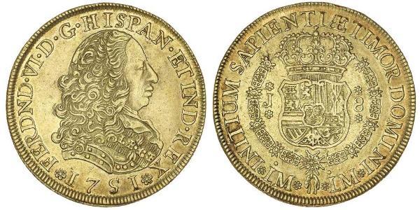 8 Escudo 秘鲁 金 费尔南多六世 (1713-1759)