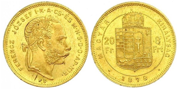 8 Forint / 20 Franc Imperio austrohúngaro (1867-1918) Oro Franz Joseph I (1830 - 1916)