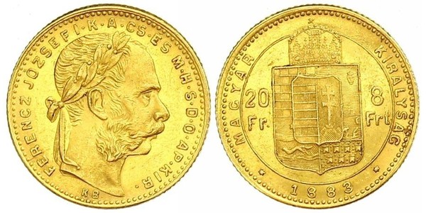 8 Forint / 20 Franc 奥匈帝国 (1867 - 1918) 金 弗朗茨·约瑟夫一世 (1830 - 1916)