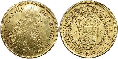 8 Ескудо Нова Ґранада (1717 - 1819) Золото Фердинанд VII король Іспанії (1784-1833)