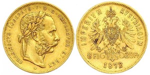 8 Флорин / 20 Франк Австро-Венгрия (1867-1918) Золото Франц Иосиф I (1830 - 1916)