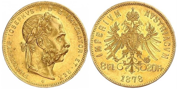 8 Флорин / 20 Франк Австро-Венгрия (1867-1918) Золото Франц Иосиф I (1830 - 1916)