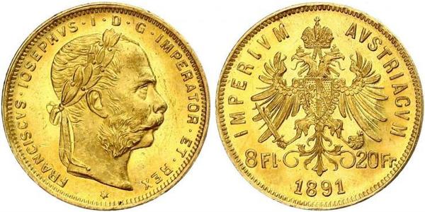 8 Флорин / 20 Франк Австро-Венгрия (1867-1918) Золото Франц Иосиф I (1830 - 1916)