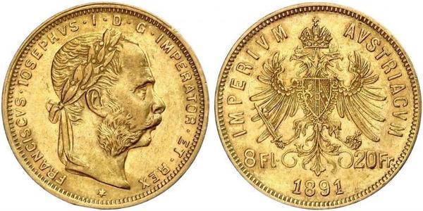 8 Флорин / 20 Франк Австро-Венгрия (1867-1918) Золото Франц Иосиф I (1830 - 1916)