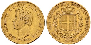 ITALIA Savoia / Sardegna Carlo Alberto, 1831-1849. 20 Lire 1834, senza segno di zecca. 6.40 g. Nomisma 646. Pag. 180a. Mont. 51. Fr. 1142 var. Molto rara. Minimo colpetto al bordo. MB/MB+.
