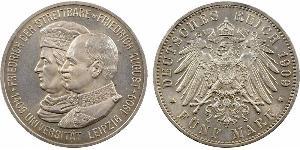 Allemagne, Saxe (royaume de), Frédéric-Auguste III, 5 mark, 1909 Berlin A/FRIEDRICH DER STREITBARE - FRIEDRICH AUGUST// 1409 UNIVERSITÄT LEIPZIG 1909. Bustes accolés à gauche. R/DEUTSCHES REICH ( ...