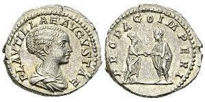 Plautilla AR Denarius, RIC IV 362 Plautilla (202-205 AD). AR Denarius (19 mm, 3.40 g), Roma (Rome). Obv. PLAVTILLAE AVGVSTAE, draped bust right. Rev. PROPAGO IMPERI, Caracalla and Plautilla stand ...