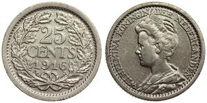 Netherlands - 25 Cents 1916 - Wilhelmina - Silver