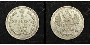  
  1887, Russia, Emperor Alexander II. Tiny Silver 5 Kopeks Coin. XF-AU!  Mint Year: 1887 Reference: KM-19a.1. Denomination: 5 Kopeks  Mint Place: St. Petersburg (S.P.B.)  Condition: Minor depos ...