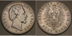 BAVARIA (German State) 5 Mark 1875 D - Silver 0.9 - Ludwig II. - VF - 1549 *