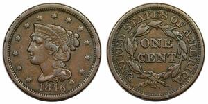 1846 Braided Hair Large Cent, Tall Date N-16, extremely rare LDS (b) obverse cud