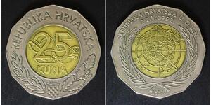 CROATIA 25 Kuna 1997. - Bi_Metallic - 5th Ann. UN Membership - XF - 861