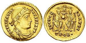 Valentinianus I AV Solidus Valentinianus I (364-375 AD). AV Solidus (21 mm, 4.47 g), Treveri (Trier), 372 AD. Obv. D N VALENTINIANVS P F AVG, rosette-and-laurel-diademed, draped, and cuirassed bu ...