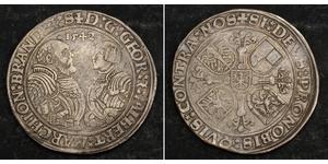  
 
  Urcaquary 1542, Brandenburg-Franconia, George & Albrecht. Early Dated Silver Thaler (Guldengroschen) Coin. R!  Mint Year: 1542  Condition: About XF!  Mint Place: Schwabach  Reference: D ...